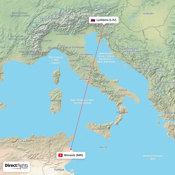 Ljubljana - Monastir direct flight map