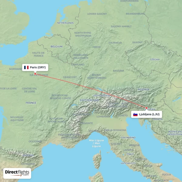 Ljubljana - Paris direct flight map
