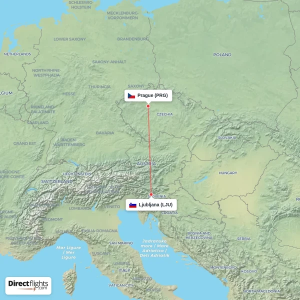 Ljubljana - Prague direct flight map