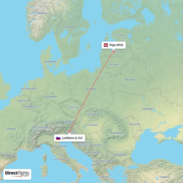 Ljubljana - Riga direct flight map