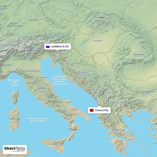 Ljubljana - Tirana direct flight map