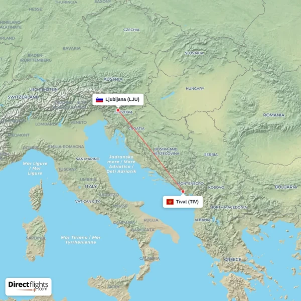 Ljubljana - Tivat direct flight map