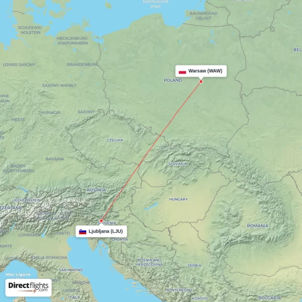 Ljubljana - Warsaw direct flight map