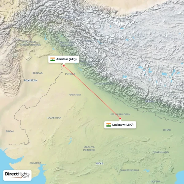 Lucknow - Amritsar direct flight map