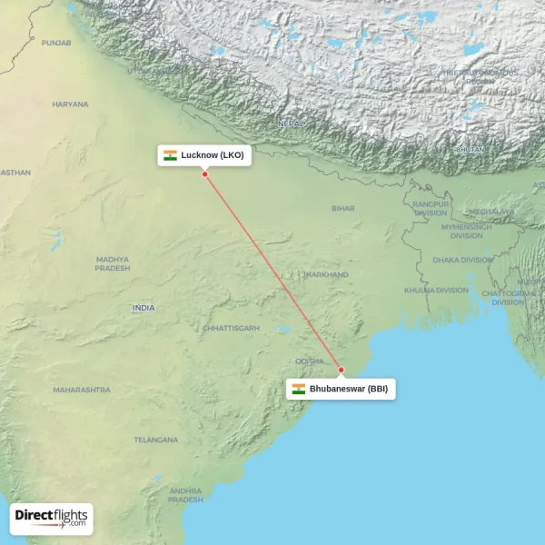 Lucknow - Bhubaneswar direct flight map