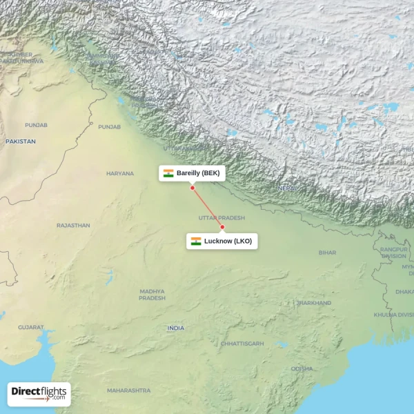 Lucknow - Bareilly direct flight map