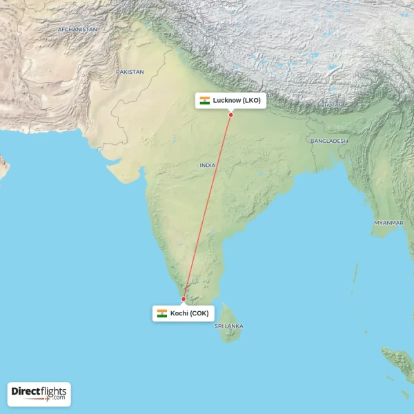 Lucknow - Kochi direct flight map