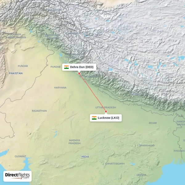 Lucknow - Dehra Dun direct flight map