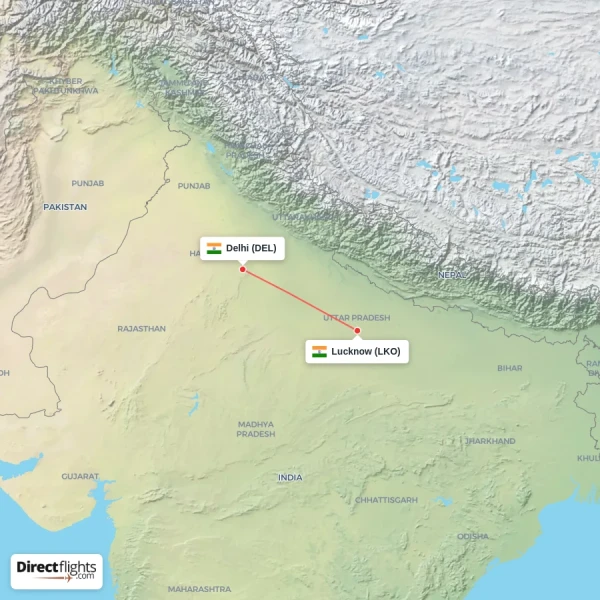Lucknow - Delhi direct flight map