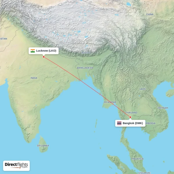 Lucknow - Bangkok direct flight map