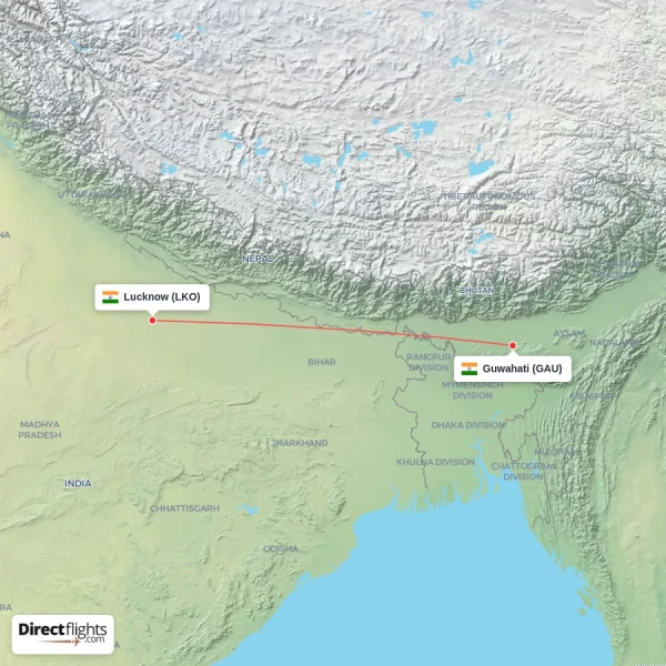 Lucknow - Guwahati direct flight map
