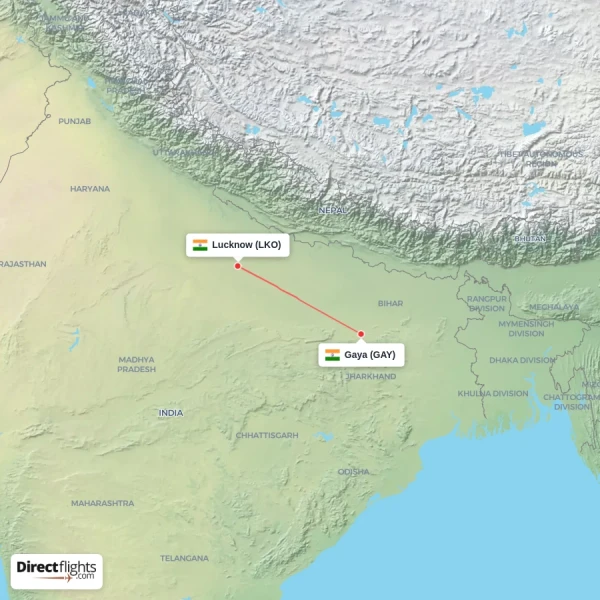 Lucknow - Gaya direct flight map