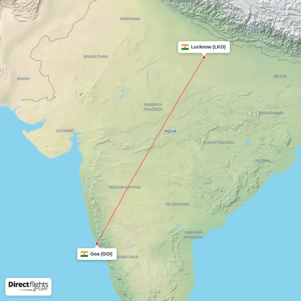 Lucknow - Goa direct flight map