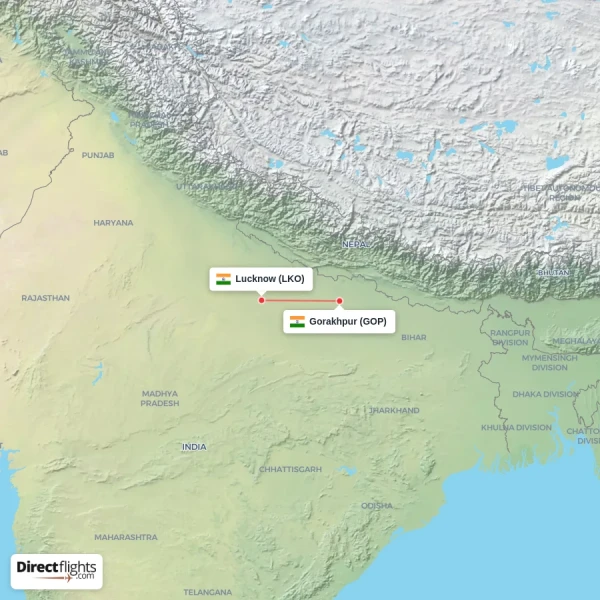 Lucknow - Gorakhpur direct flight map