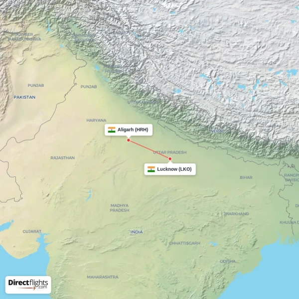 Lucknow - Aligarh direct flight map