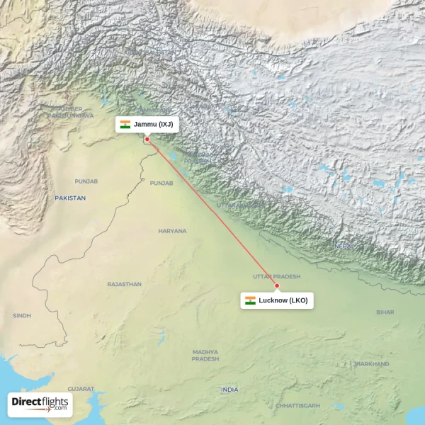 Lucknow - Jammu direct flight map