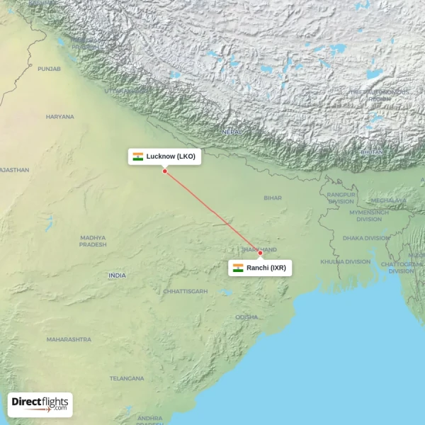 Lucknow - Ranchi direct flight map