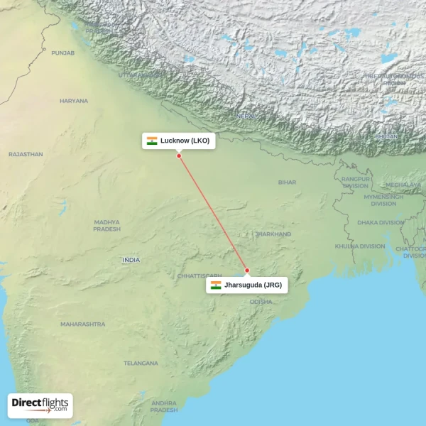 Lucknow - Jharsuguda direct flight map