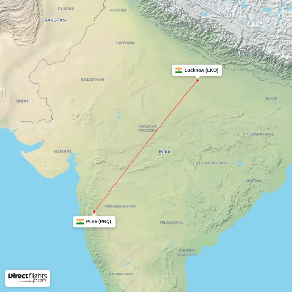 Lucknow - Pune direct flight map