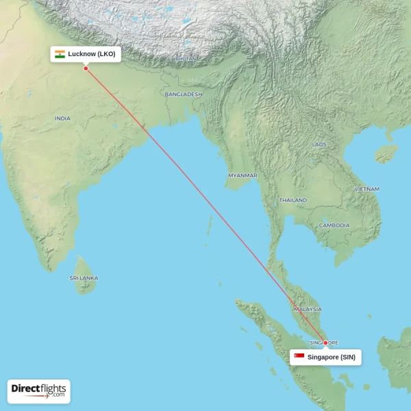 Lucknow - Singapore direct flight map