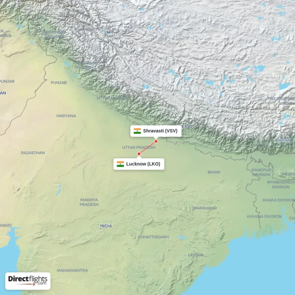 Lucknow - Shravasti direct flight map