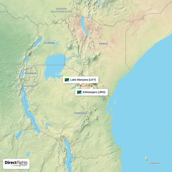Lake Manyara - Kilimanjaro direct flight map