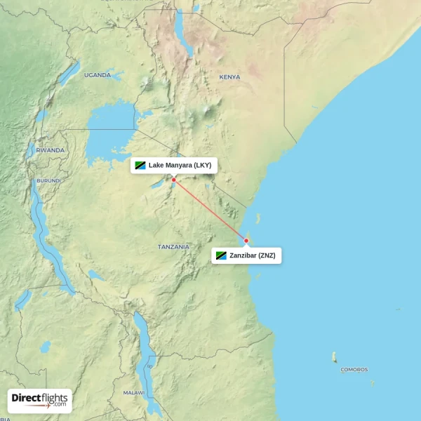 Lake Manyara - Zanzibar direct flight map