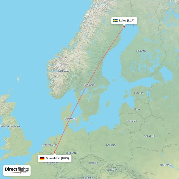 Lulea - Dusseldorf direct flight map
