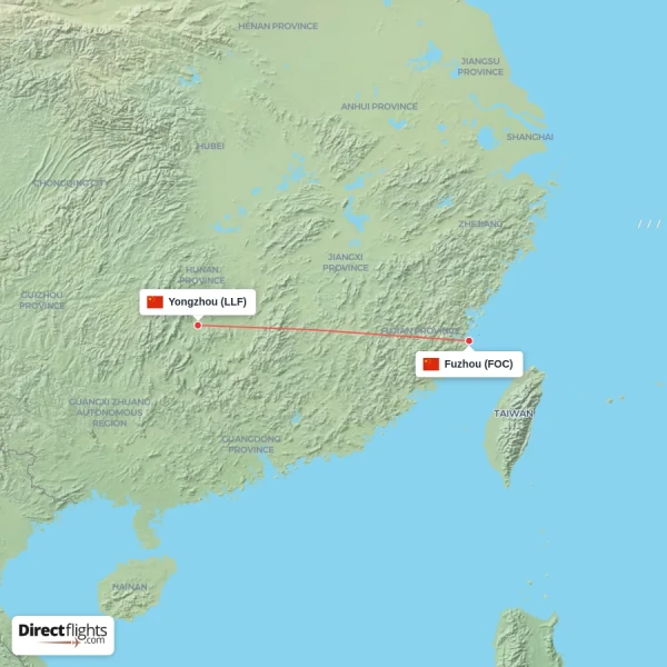 Yongzhou - Fuzhou direct flight map