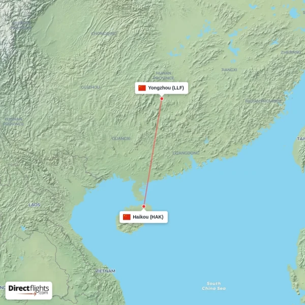 Yongzhou - Haikou direct flight map