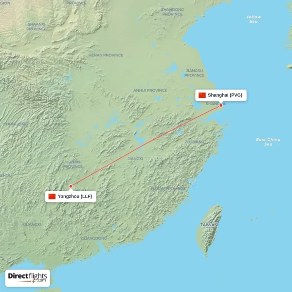 Yongzhou - Shanghai direct flight map