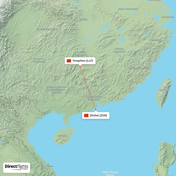 Yongzhou - Zhuhai direct flight map