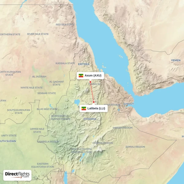 Lalibela - Axum direct flight map