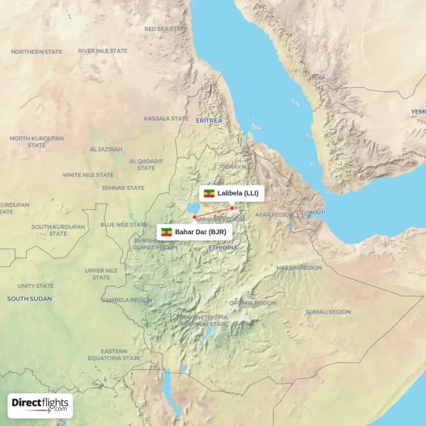 Lalibela - Bahar Dar direct flight map