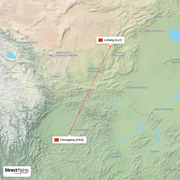 Luliang - Chongqing direct flight map