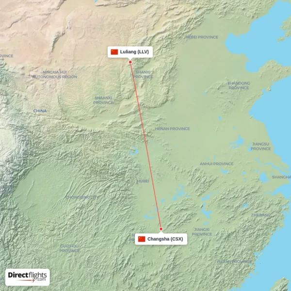 Luliang - Changsha direct flight map