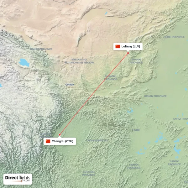 Luliang - Chengdu direct flight map