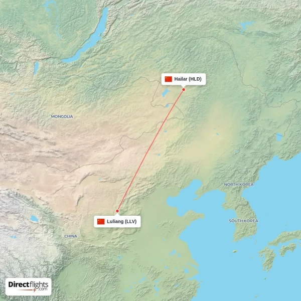 Luliang - Hailar direct flight map