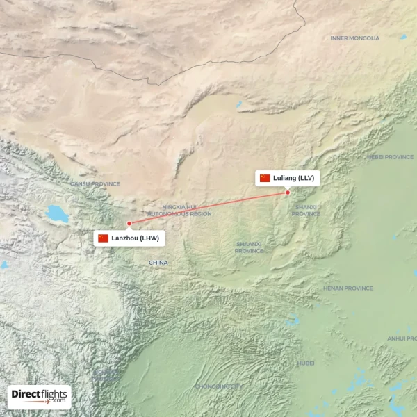 Luliang - Lanzhou direct flight map