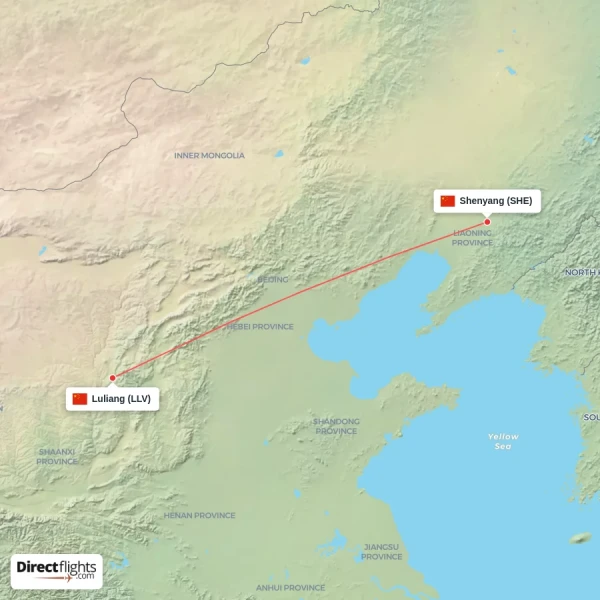 Luliang - Shenyang direct flight map
