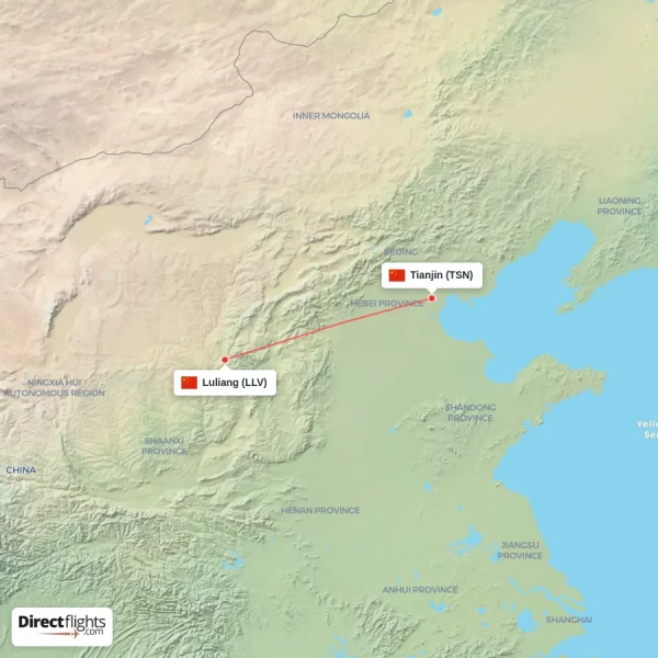 Luliang - Tianjin direct flight map