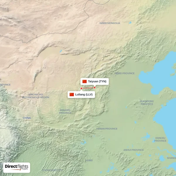 Luliang - Taiyuan direct flight map