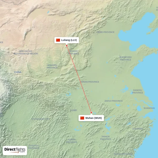 Luliang - Wuhan direct flight map