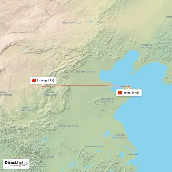 Luliang - Yantai direct flight map