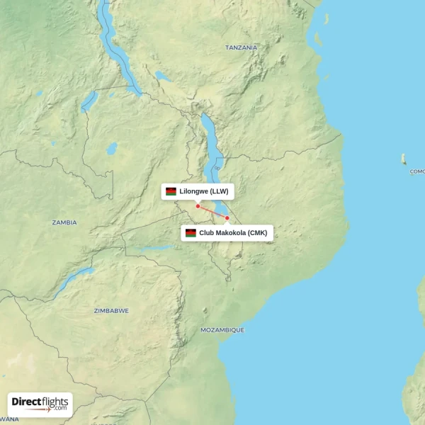 Lilongwe - Club Makokola direct flight map