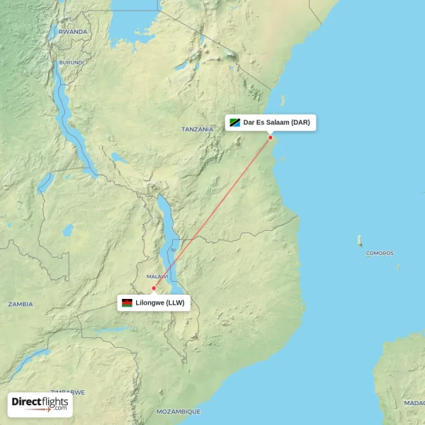 Lilongwe - Dar Es Salaam direct flight map