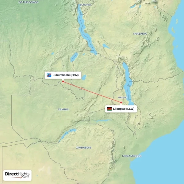 Lilongwe - Lubumbashi direct flight map