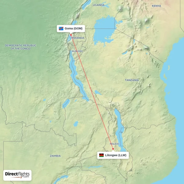 Lilongwe - Goma direct flight map