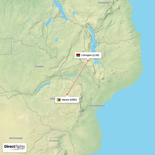 Lilongwe - Harare direct flight map