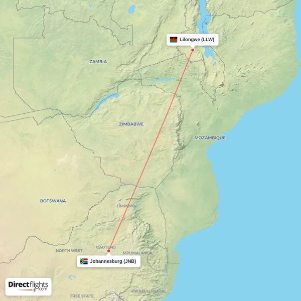 Lilongwe - Johannesburg direct flight map